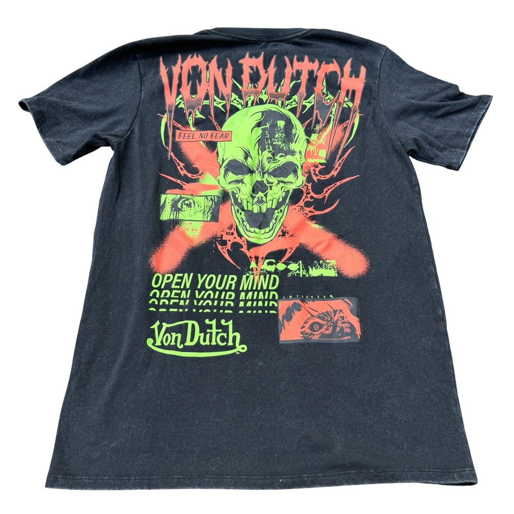 Von Dutch Feel No Fear Skull Graphic T Shirt Black Neon Front Back Size Small - Picture 3 of 8